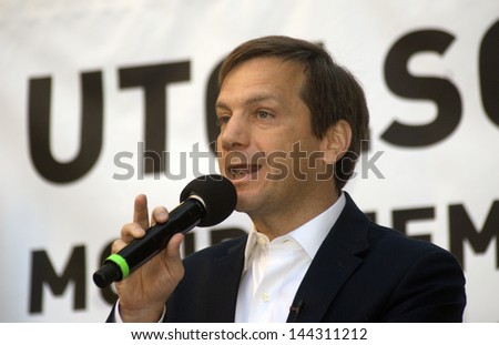 BUDAPEST, HUNGARY - JULY 1: Former prime minister of Hungary, Mr. Gordon Bajnai gives a speech during an anti-government demonstarion at July 1, 2013, Budapest, Hungary.