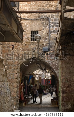 HEBRON, PALESTINE - DECEMBER 7: Old town on December 7, 2013, Hebron, Palestine. The Muslim quarter in Hebron has a real Arabic old town feeling with its bazaar.