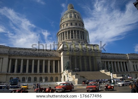 HAVANA, CUBA - JANUARY 21 : Parliament building on 21 January, 2014, Havana, Cuba. Cuba\'s parliament building was designed after the Capitolium in the USA.