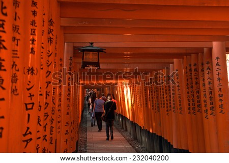 KYOTO, JAPAN - OCTOBER 26: Fushimi Inari Shinto shrine at October 26, 2014 in Kyoto, Japan. Fushimi Inari is one of the most important Shinto shrines in Japan.
