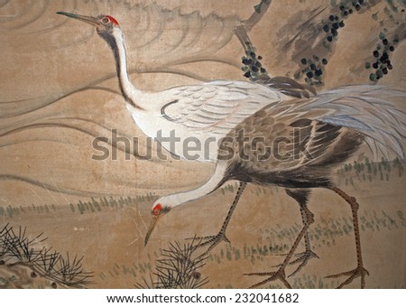 SHIRAKAWA-GO, JAPAN - OCTOBER 28: Cranes in Wada Merchant House on October 28, 2014 in Shirakawa-go, Japan. Cranes are displayed in houses in rural Japan to symbolize long life.