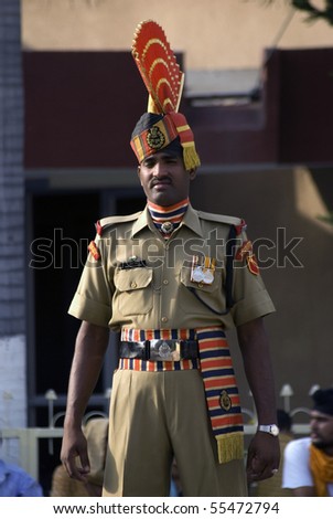 ATTARI, INDIA - MAY 1: Indian guard at the Indian - Pakistani border during the border closing ceremony at May 1, 2010 in Attari, Punjab, India.