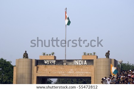 ATTARI, INDIA - MAY 1: Indian guards at the Indian - Pakistani border during the border closing ceremony at May 1, 2010 in Attari, Punjab, India.