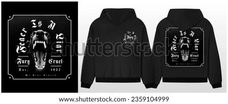 Art design of urban aggressive dog, black hoodie and template. 'fear is a liar' message, black and gray, dog illustration, gothic font. Capture the essence of the urban print