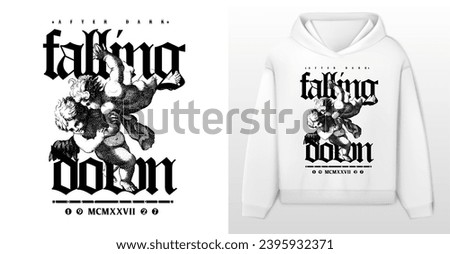 Art design of urban featuring an illustrated angels, victorian illustration. Gothic font texts add an authentic urban, white hoodie and template. Perfect for clothing patterns seeking