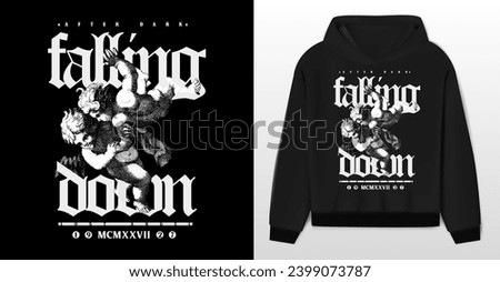 Art design of urban featuring an illustrated angels, victorian illustration. Gothic font texts add an authentic urban, black hoodie and template. Perfect for clothing patterns seeking