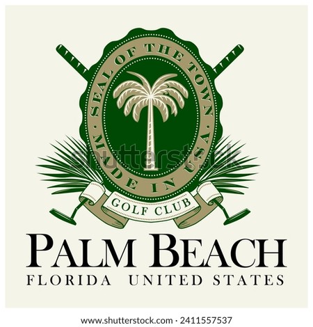 logo slogan graphic, retro golf with golf club, palm and leaves. city florida, palm beach Country club summer SS23 golf crest sport 