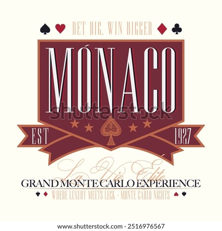 logo slogan graphic, retro college monaco victorian  casino, monte carlo, shield. ornaments and geometric graphics, health and fitness club summer SS25 urban crest sport 