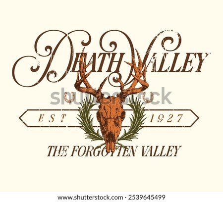 Art design of urban featuring an illustrated skull and laurel, victorian illustration. death valley font texts add an authentic urban, ranch design. Perfect for clothing patterns seeking