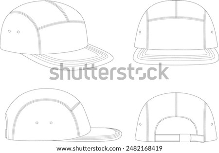 hat template vector, Snapback hat  Technical Drawing Illustration Blank Streetwear Mock-up Template, Blank White 5 Panels Baseball Cap, Meshbaseball cap vector template, technical hat apparel vector