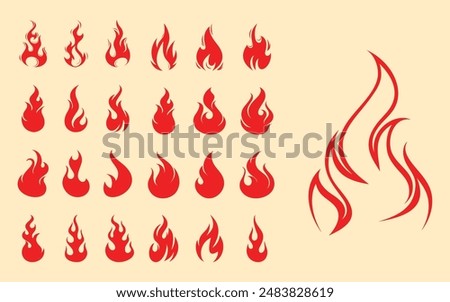 Fire flames, set vector icons Fire and flames outline icon set. Contour bonfire, linear flaming elements. Hand drawn monochrome different fire flame vector illustration.