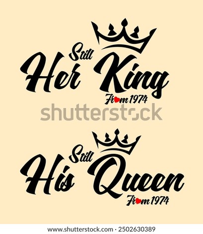 King and Queen - couple design. Black text and gold crown isolated on white background. Can be used for printable souvenirs ( t-shirt, pillow, magnet, mug, cup). Icon of wedding invitation.Royal love