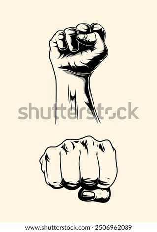 editable fist art vector black and white, clenched, hits. editable vector art the fist of hand black and white artwork anatomy of hand, freedom hand, rebellion, detailed hand template Raise