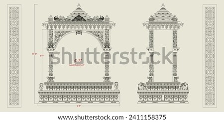 line art illustration of Temple inside gate and wedding Gate Background With Border 