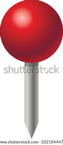 Red pin icon. Attach button on needle, pinned office thumbtack and paper push pin. Vector illustration.