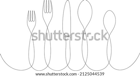 Continuous one line drawing of forks, knife, spoons. Eating utensils minimalist vector illustration. Black and white cooking utensils in line art style. Сток-фото © 