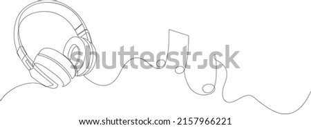 One line headphones. Continuous drawing of music gadget and note. Audio headphone outline sketch. Lineart vector concept of musical symbol