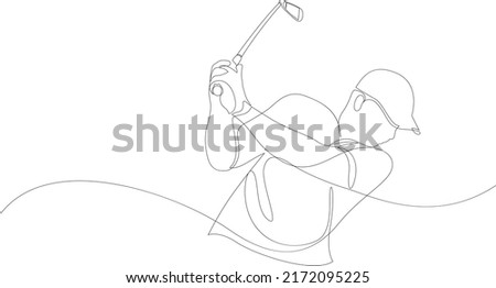 One single line drawing of golf player hit the ball using golf club. Sport concept. Modern continuous line draw design for golf tournament poster. Vector illustration.