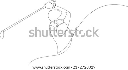 One single line drawing of young female golf player hit the ball using golf club. Modern continuous line draw design for golf tournament poster. Vector illustration.