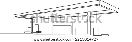 Single one line drawing of gas station building construction. Fuel station service isolated doodle minimal concept. Trendy continuous line draw design. Vector illustration.