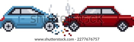 Car crash accident pixel art style. Retro video game vector illustration.