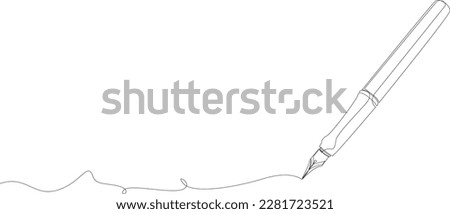 Fountain pen continuous one line drawing. Writing or signing document using vintage ink pen. Vector illustration.