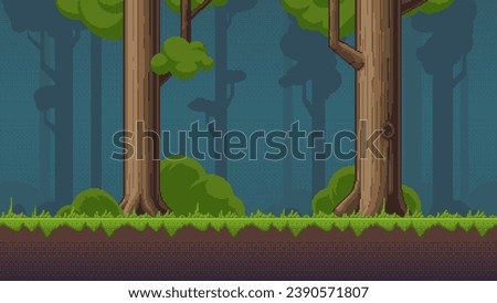 Pixel art background with forest for video games and mobile applications. Vector 16-bit retro style illustration. Seamless when docking horizontally.