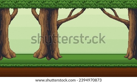 Forest pixel art background. 2d backdrop for 32-bit retro video game or mobile application. Seamless when docking horizontally.