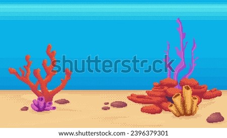 Pixel art underwater background for game or mobile app. Seafloor with corals and algae vector illustration. Seamless when docked horizontally.