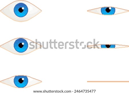 Pixel art eye blinking set, open and closed eyes. 16 bit retro video game style. Vector illustration.