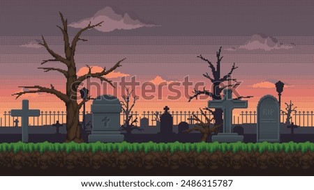 The background of the cemetery in pixel art style. Vector seamless landscape of graveyard with tombstones, crests, trees and fence against cloudy sky.