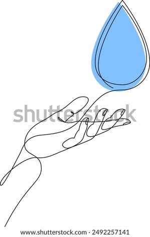 Continuous one line drawing of human hand holding water drop. Blue liquid drop in arm drawn with single line. World Water Day concept. Vector illustration with editable stroke.