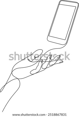 Continuous one line drawing of human hand holding smartphone. Mobile phone on palm hand. Cellular phone vector illustration with editable stroke.