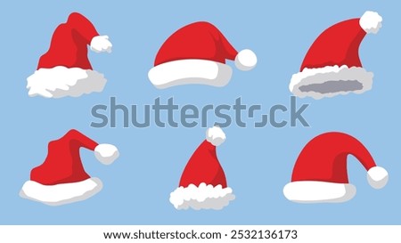 Red Santa Claus Hats Set. New Year or Christmas Hat Isolated on Blue Background. Winter Cap. Vector illustration.