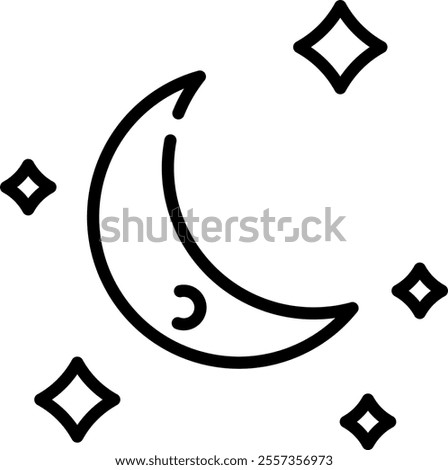 Moon with stars line icon. Crescent in night sky outline vector sign. Celestial linear style pictogram. Symbol, logo illustration. Editable stroke.