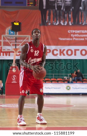 SAMARA, RUSSIA - MAY 03: Patrick Beverley of BC Spartak gets ready to throw from the free throw line in a game against BC Krasnye Krylia on May 03, 2012 in Samara, Russia.