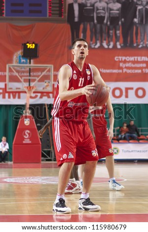 SAMARA, RUSSIA - MAY 03: Likhodey Valery of BC Spartak gets ready to throw from the free throw line in a game against BC Krasnye Krylia on May 03, 2012 in Samara, Russia.