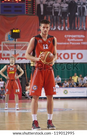 SAMARA, RUSSIA - MAY 11: Semen Shashkov of BC Ural gets ready to throw from the free throw line in a game against BC Krasnye Krylia on May 11, 2012 in Samara, Russia.