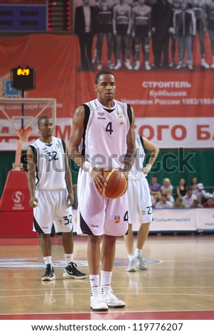 SAMARA, RUSSIA - MAY 12: Brion Rush of BC Krasnye Krylia gets ready to throw from the free throw line in a game against BC Spartak-Primorje on May 12, 2012 in Samara, Russia.