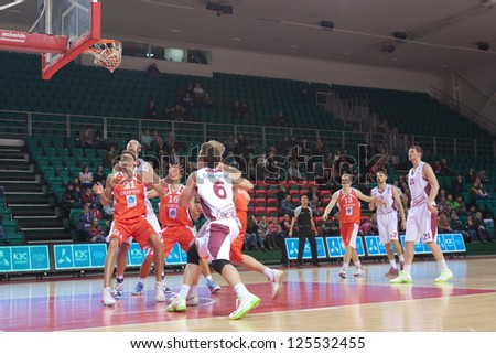 SAMARA, RUSSIA - OCTOBER 23: Aleksey Fedortchuk of BC Krasnye Krylia scored a goal from the free throw line in a game against BC Sparta and K on October 23, 2012 in Samara, Russia.