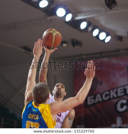 SAMARA, RUSSIA - OCTOBER 22: Chester Simmons of BC Krasnye Krylia with ball attacks a basket during a BC Astana game on October 22, 2012 in Samara, Russia.