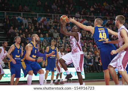 SAMARA, RUSSIA - DECEMBER 17: Omar Tomas of BC Krasnye Krylia, with ball, is on the attack during a BC Khimki game on December 17, 2012 in Samara, Russia.