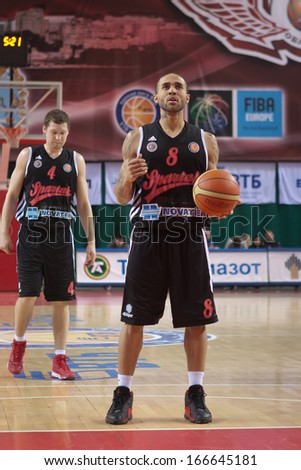 SAMARA, RUSSIA - FEBRUARY 15: Zackary Wright of BC Spartak gets ready to throw from the free throw line in a game against BC Krasnye Krylia on February 15, 2013 in Samara, Russia.