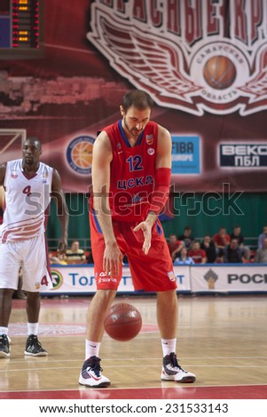 SAMARA, RUSSIA - APRIL 21: Nenad Krstic of BC CSKA gets ready to throw from the free throw line in a game against BC Krasnye Krylia on April 21, 2013 in Samara, Russia.