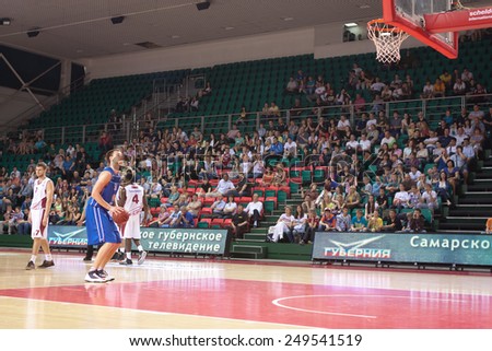 SAMARA, RUSSIA - MAY 11: Petr Gubanov of BC Enisey gets ready to throw from the free throw line in a game against BC Krasnye Krylia on May 11, 2013 in Samara, Russia.