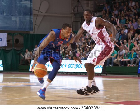 SAMARA, RUSSIA - MAY 19: Sonny Weems of BC CSKA, with ball, is on the attack during a BC Krasnye Krylia game on May 19, 2013 in Samara, Russia.