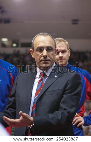 SAMARA, RUSSIA - MAY 19: Timeout. Head coach of BC CSKA Ettore Messina during a timeout of the game against BC Krasnye Krylia on May 19, 2013 in Samara, Russia.