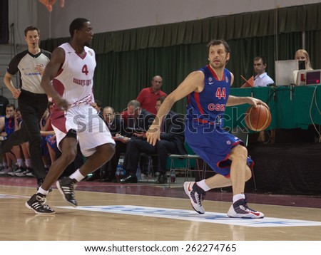 SAMARA, RUSSIA - MAY 20: Theodoros Papaloukas of BC CSKA, with ball, is on the attack during a BC Krasnye Krylia game on May 20, 2013 in Samara, Russia.