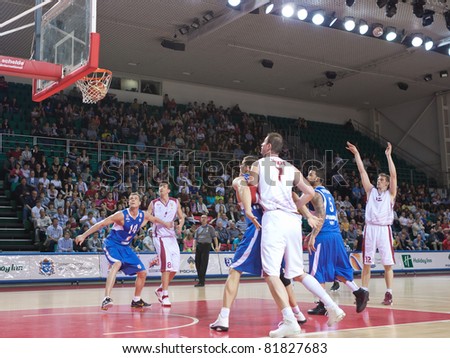 SAMARA, RUSSIA - MAY 11: Konstantin Nesterov of BC Krasnye Krylia scores from the free throw line in a game against BC Enisey on May 11, 2011 in Samara, Russia.