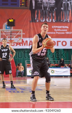 SAMARA, RUSSIA - DECEMBER 23: Dairis Bertans of BC VEF gets ready to throw from the free throw line in a game against BC Krasnye Krylia on December 23, 2011 in Samara, Russia.